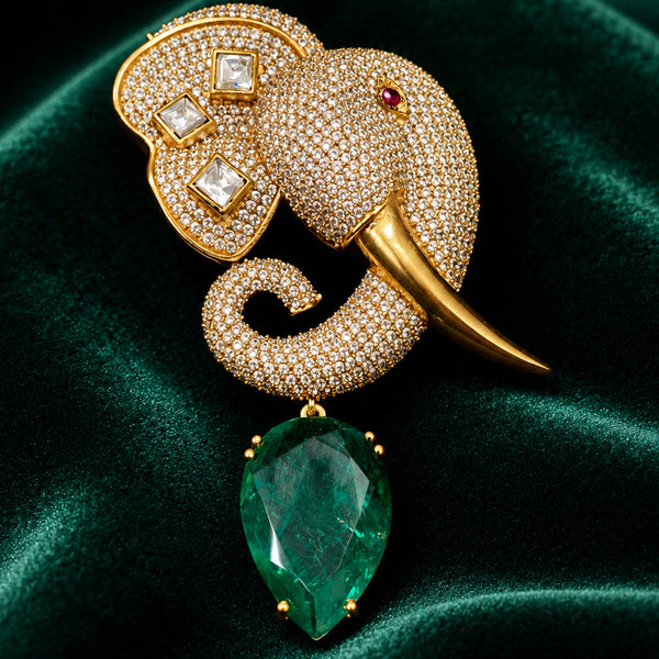Royal Elephant Head Victorian Brooch Pin with Green Doublet Stone Brass & AAA AD Stones