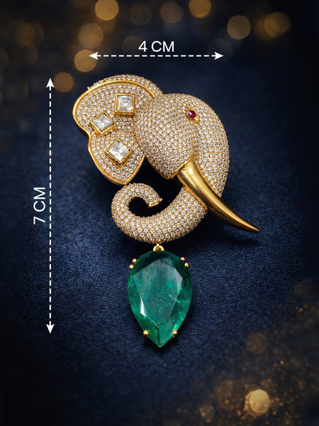 Royal Elephant Head Victorian Brooch Pin with Green Doublet Stone Brass & AAA AD Stones