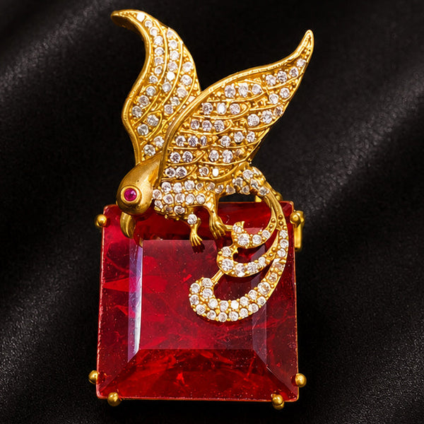 Luxury Golden Bird AD Brooch Pin with Ruby Red Doublet Stone