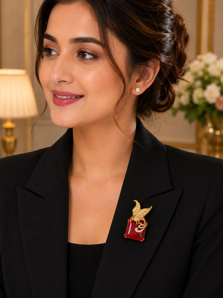 Luxury Golden Bird AD Brooch Pin with Ruby Red Doublet Stone