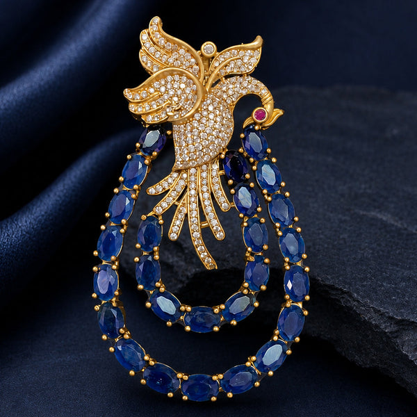 Royal Phoenix Brass Brooch with Blue Doublet Stones & AAA AD Work – Victorian Finish