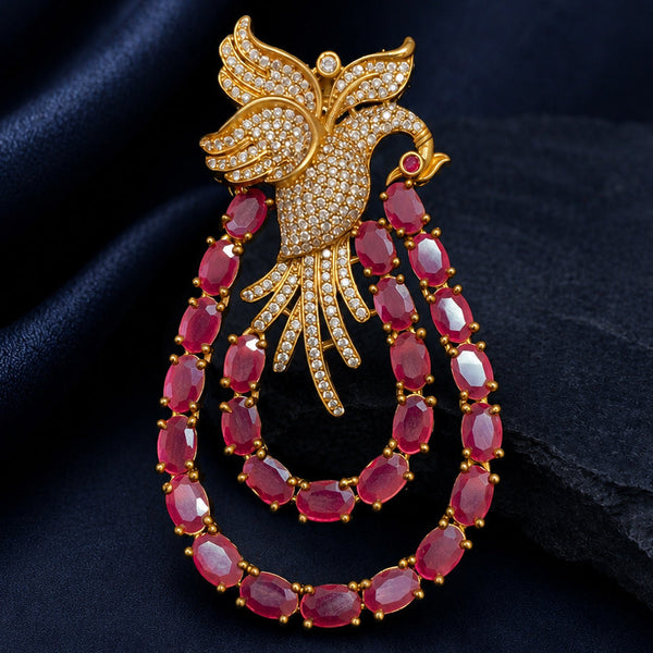 Royal Phoenix Brass Brooch with Ruby Red Doublet Stones & AAA AD Work  Victorian Finish