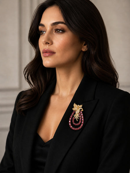 Royal Phoenix Brass Brooch with Ruby Red Doublet Stones & AAA AD Work  Victorian Finish