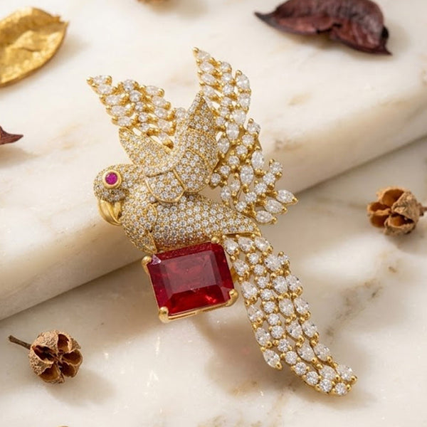 Royal Red Parrot Designer Brooch Luxury AD Crystal Bird Pin