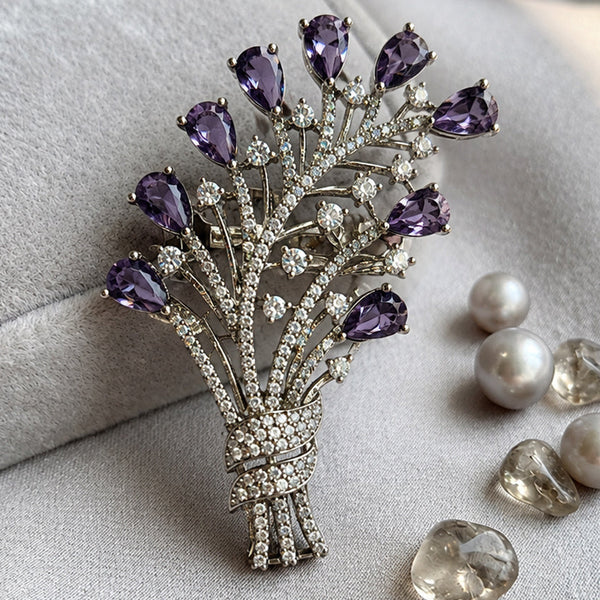 Elegant Silver-Plated Brass Floral Brooch with Purple Hydro Stones & AAA AD Stones