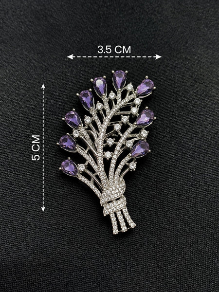 Elegant Silver-Plated Brass Floral Brooch with Purple Hydro Stones & AAA AD Stones