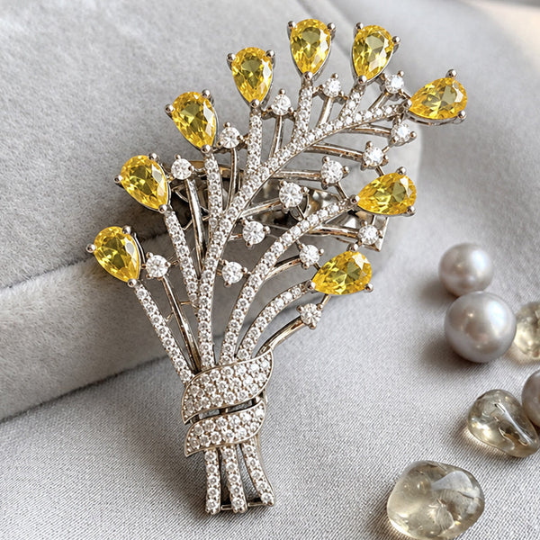 Elegant Silver-Plated Brass Floral Brooch with Yellow Hydro Stones & AAA AD Stones