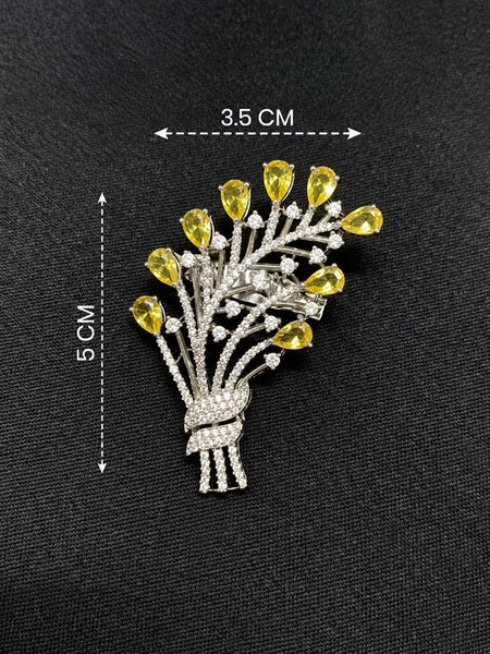 Elegant Silver-Plated Brass Floral Brooch with Yellow Hydro Stones & AAA AD Stones