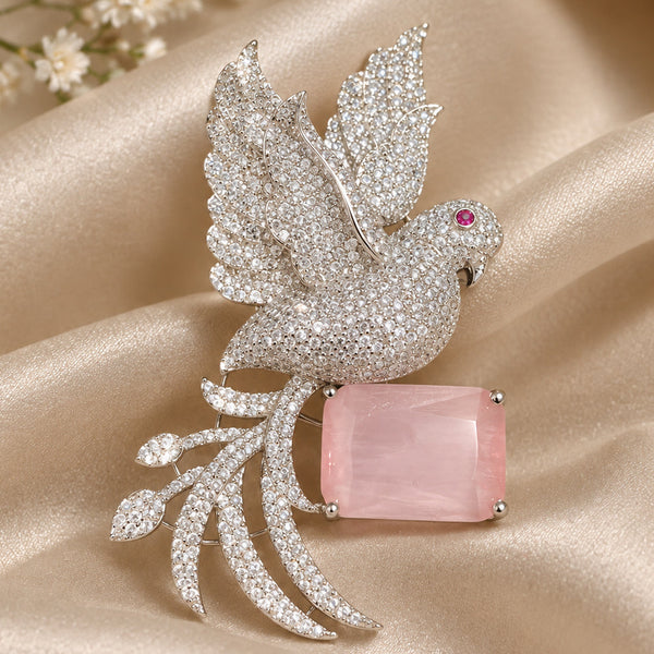 Elegant Silver-Plated Brass Dove Brooch with Pink Doublet Stone & AAA AD Stones