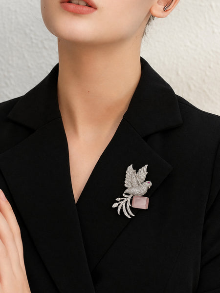 Elegant Silver-Plated Brass Dove Brooch with Pink Doublet Stone & AAA AD Stones