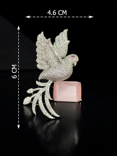 Elegant Silver-Plated Brass Dove Brooch with Pink Doublet Stone & AAA AD Stones
