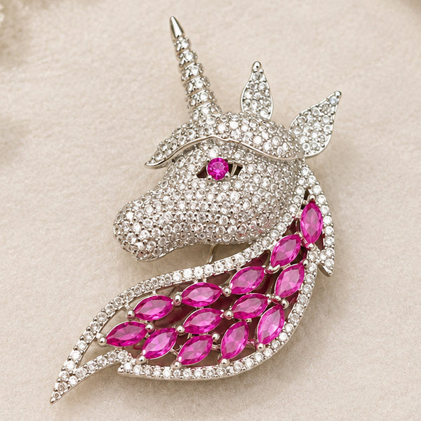 Elegant Silver-Plated Brass Unicorn Brooch with Pink Stones & AAA Quality AD