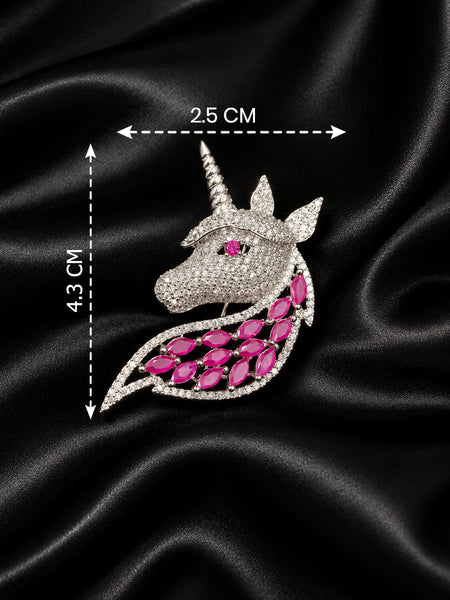 Elegant Silver-Plated Brass Unicorn Brooch with Pink Stones & AAA Quality AD