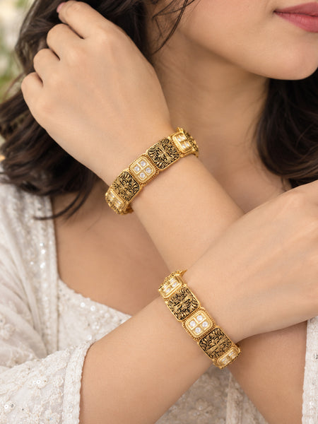 Luxury Vintage Style Brass Kada | Elegant Golden Plated Statement Bangle for Women