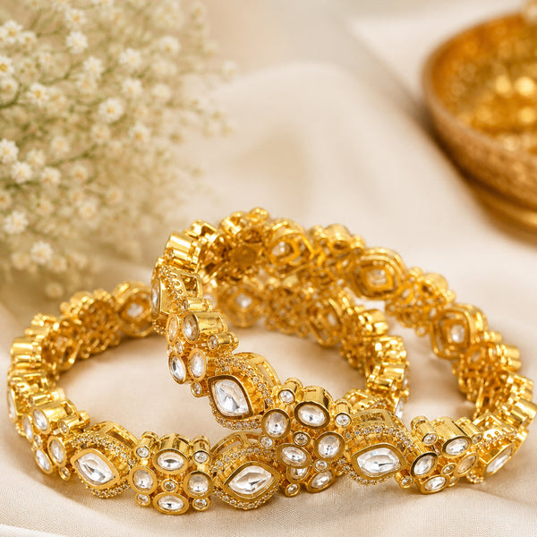 Royal Polki Moissanite Gold-Plated Brass Kada Bangles for Women | AAA Quality AD Traditional Bracelet Set