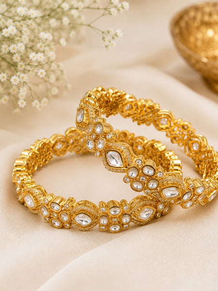 Royal Polki Moissanite Gold-Plated Brass Kada Bangles for Women | AAA Quality AD Traditional Bracelet Set