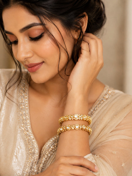 Royal Polki Moissanite Gold-Plated Brass Kada Bangles for Women | AAA Quality AD Traditional Bracelet Set