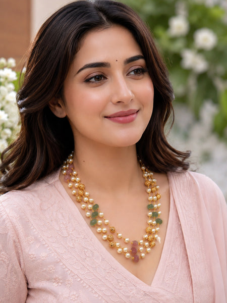 Elegant Multi-Strand Shell Pearl & Pumpkin Bead Necklace