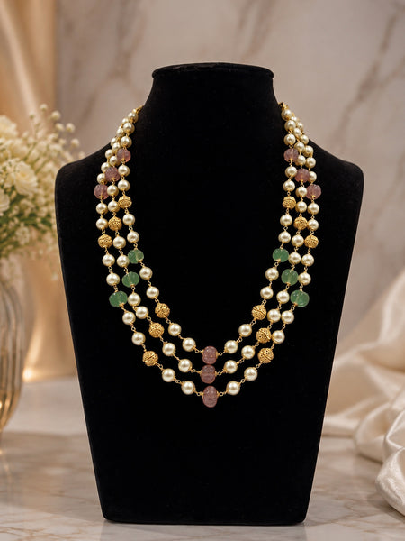 Elegant Multi-Strand Shell Pearl & Pumpkin Bead Necklace