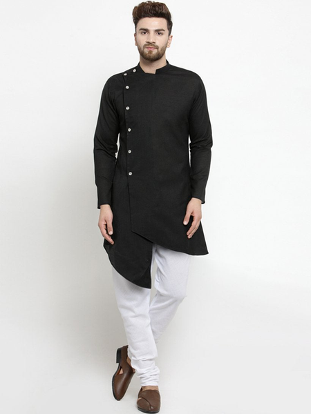Black Linen Kurta With Churidar Pajama For Men By Treemoda