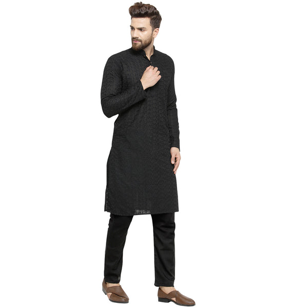 Black Cotton Chikankari Lucknowi Jaal Embroidered Kurta with Aligarh Pajama by Treemoda