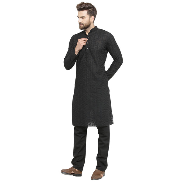 Black Cotton Chikankari Lucknowi Jaal Embroidered Kurta with Aligarh Pajama by Treemoda