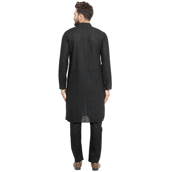 Black Cotton Chikankari Lucknowi Jaal Embroidered Kurta with Aligarh Pajama by Treemoda