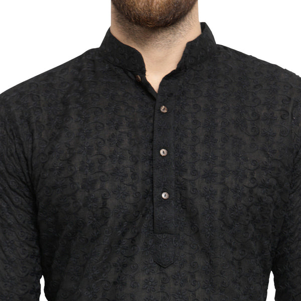 Black Cotton Chikankari Lucknowi Jaal Embroidered Kurta with Aligarh Pajama by Treemoda
