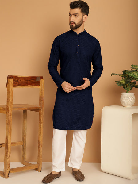 Designer Navy Blue Chikankari Embroidered Kurta Pajama Set by Treemoda
