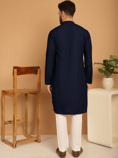 Designer Navy Blue Chikankari Embroidered Kurta Pajama Set by Treemoda