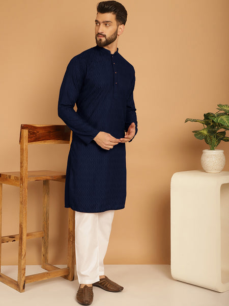 Designer Navy Blue Chikankari Embroidered Kurta Pajama Set by Treemoda
