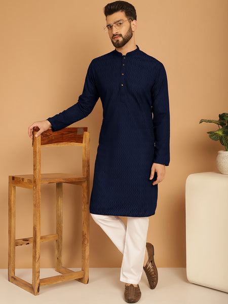 Designer Navy Blue Chikankari Embroidered Kurta Pajama Set by Treemoda