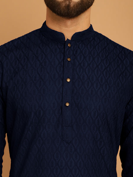Designer Navy Blue Chikankari Embroidered Kurta Pajama Set by Treemoda