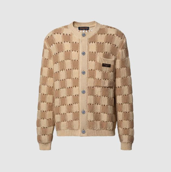 Premium Beige Checkerboard Knit Cardigan
