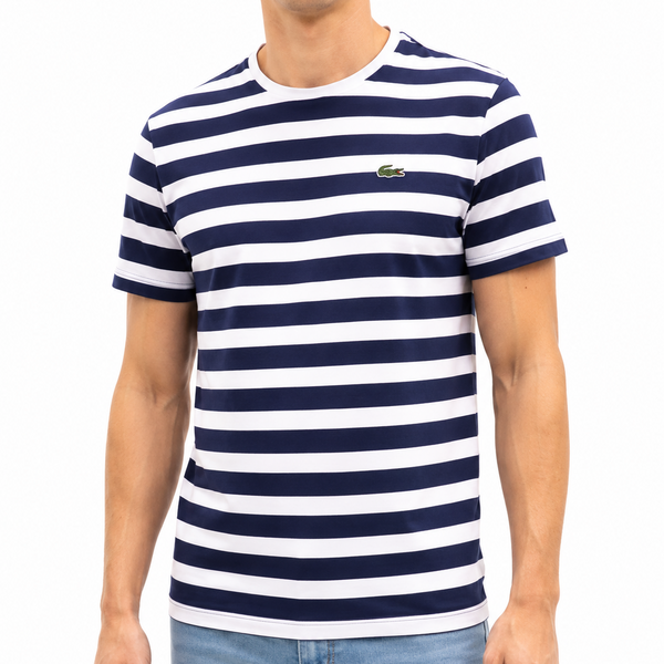 Men Navy Blue & White Striped Crew Neck Half Sleeve T-Shirt