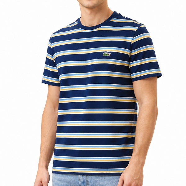 Men Navy Blue Striped Crew Neck Half Sleeve T-Shirt