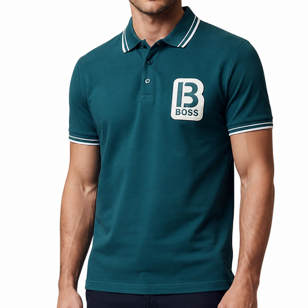 Men Premium Teal Green Polo T-Shirt with Contrast Tipped Collar & Chest Patch