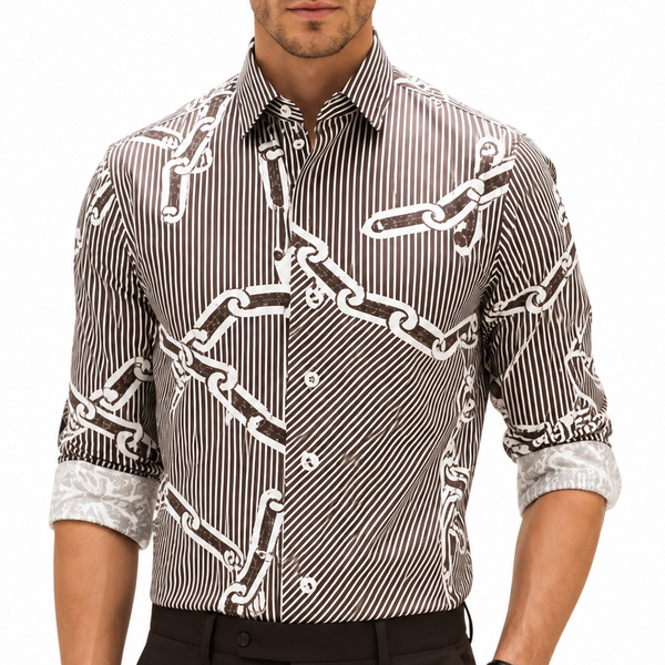 Men Premium Brown Geometric Chain Print Full Sleeve Casual Shirt