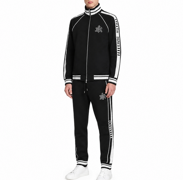 Men Black Tracksuit Set – Full-Zip Jacket & Jogger Pants with Striped Design