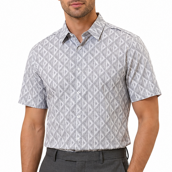 Men Grey Geometric Printed Shirt – Short Sleeve Button-Down Casual Shirt