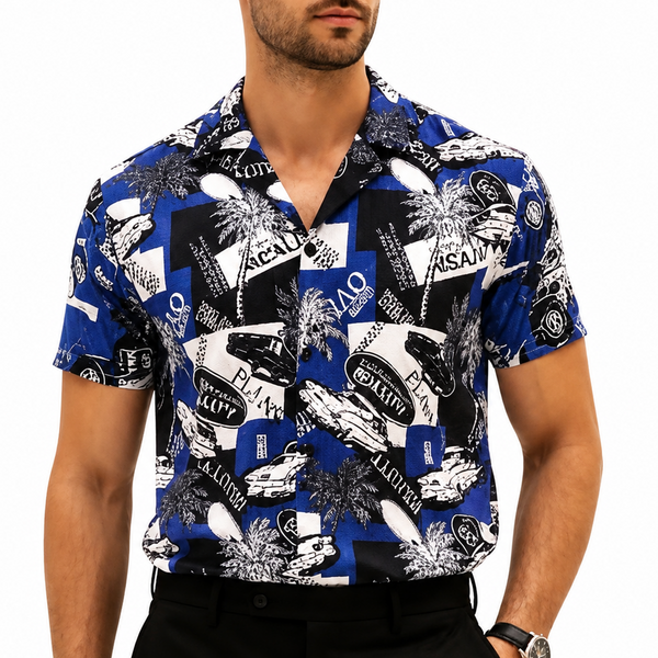 Men Blue Printed Casual Shirt – Short Sleeve Tropical Graphic Button-Down Shirt