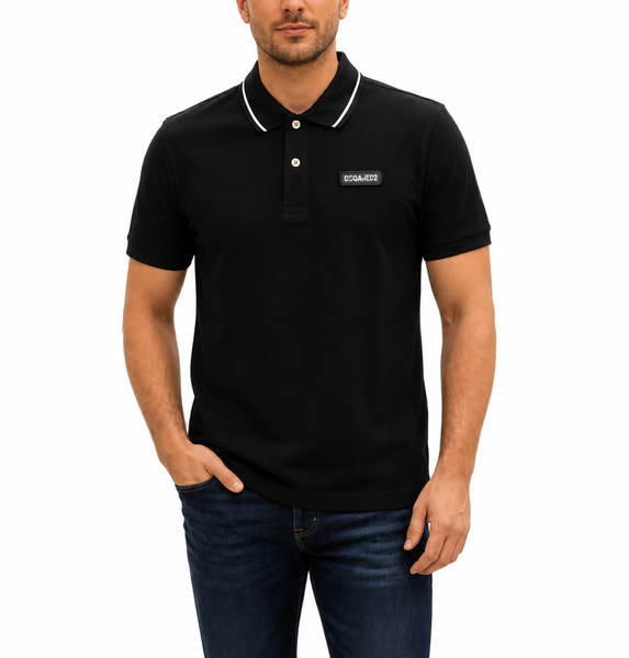 Men Black Polo T-Shirt – Short Sleeve Contrast Collar Casual Shirt