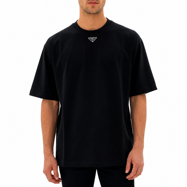 Men Black Oversized T-Shirt – Minimal Logo Short Sleeve Crew Neck Casual Tee