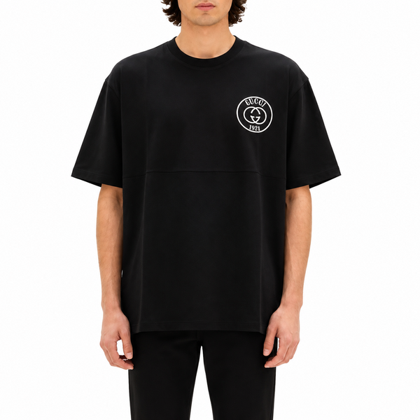 Men Black Oversized T-Shirt – Round Neck Short Sleeve Minimal Logo Casual Tee