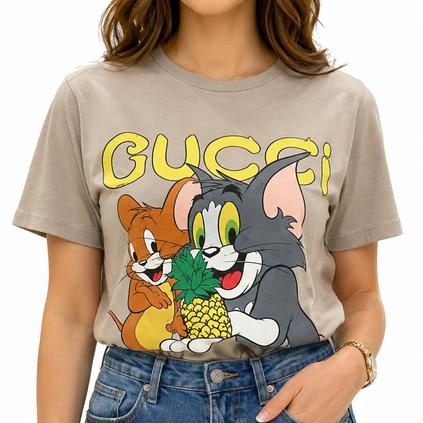 Women Beige Graphic T-Shirt – Cartoon Print Casual Crew Neck Tee