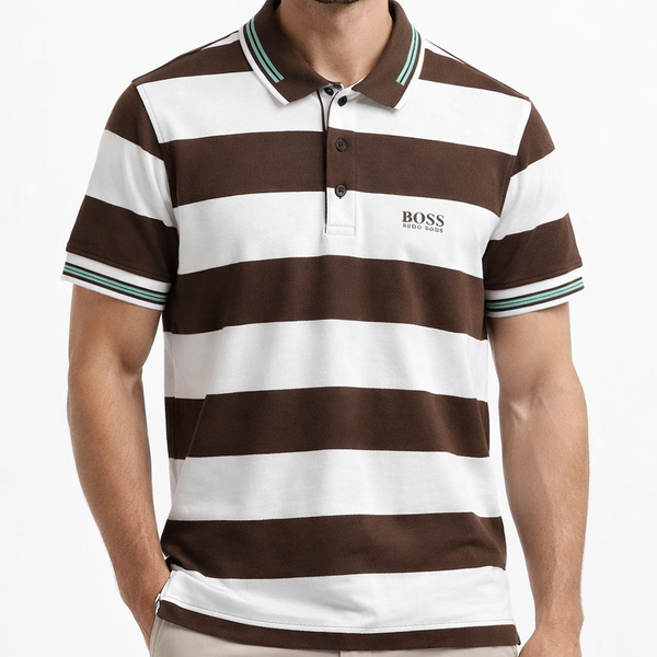 Men's Premium Brown & White Striped Polo T-Shirt – Classic Casual Fit