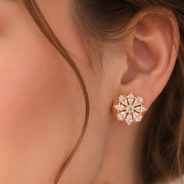 Elegant Floral AAA AD Gold-Plated Brass Stud Earrings for Women | Sparkling Flower Design