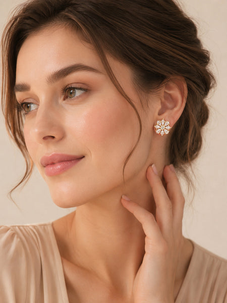 Elegant Floral AAA AD Gold-Plated Brass Stud Earrings for Women | Sparkling Flower Design