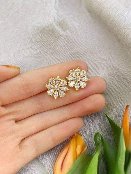 Elegant Floral AAA AD Gold-Plated Brass Stud Earrings for Women | Sparkling Flower Design