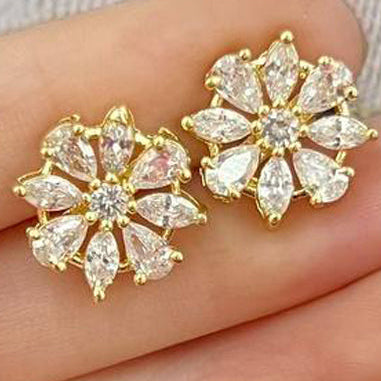 Elegant Floral AAA AD Gold-Plated Brass Stud Earrings for Women | Sparkling Flower Design